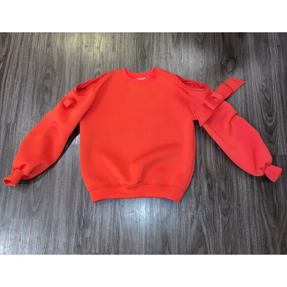 The Bubble Red Cold Shoulder Tunic Long Sleeve Pullover Blouse w/Bow Accents - Picture 1 of 11